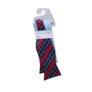 Bow Tie & Pocket Square Silk Blend Plaid Red Blue NWT